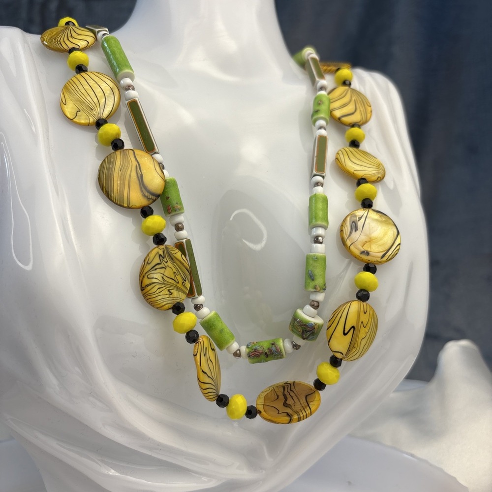 Yellow Green Beaded Necklaces 20" 26" Artsy Earthy Abstract Bright